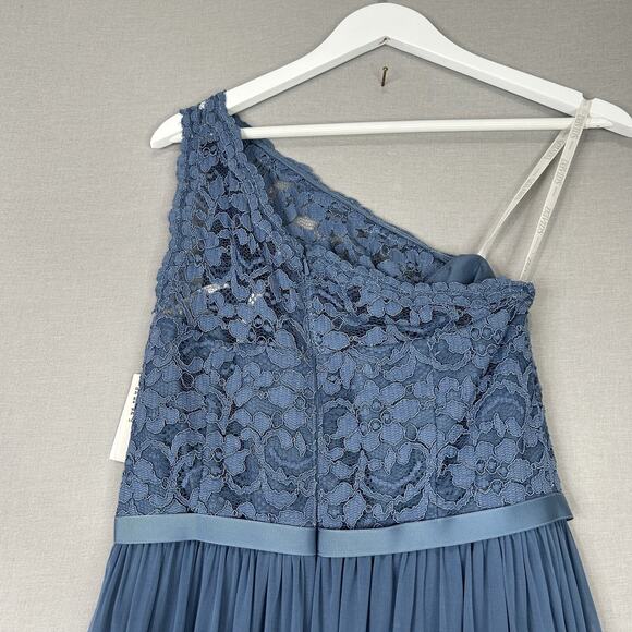 David's Bridal Dress Women 4 Steel Blue Lace One Shoulder Gown Bridesmaid Formal - Picture 6 of 13